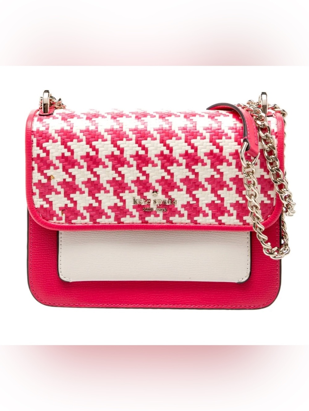Kate Spade Remi Woven Houndstooth Flap Crossbody Bag Hot Pink NWOT